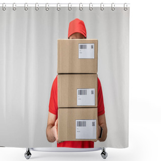 Personality  Delivery Man In Uniform Holding Cardboard Boxes Isolated On Grey Shower Curtains