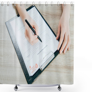 Personality  Cropped View Of Donor Signing Registration Form On Wooden Surface Shower Curtains