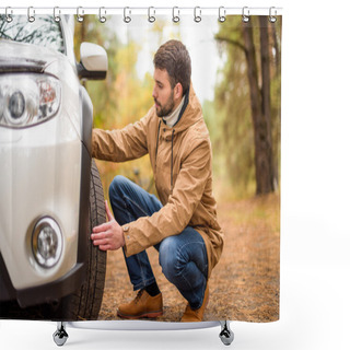 Personality  Man Checking Car Tyre  Shower Curtains