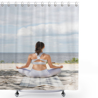 Personality  Back View Of Brunette Woman Meditating On Yoga Mat Near Sea Shower Curtains