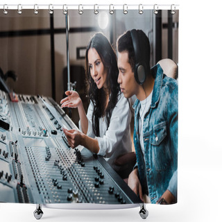 Personality  Two Young Multicultural Sound Producers Working At Mixing Console In Recording Studio Shower Curtains