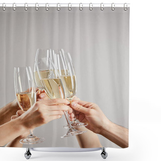 Personality  Cropped View Of Women And Men Toasting While Holding Champagne Glasses With Sparkling Wine Isolated On Grey  Shower Curtains