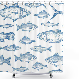 Personality  Hand Drawn Ocean Fish Vector Seamless Background Pattern. Anchovy, Herrings, Tuna, Dorado, Mackerel, Seabass And Salmons Sketches Card Or Cover Template In Blue Color. Shower Curtains