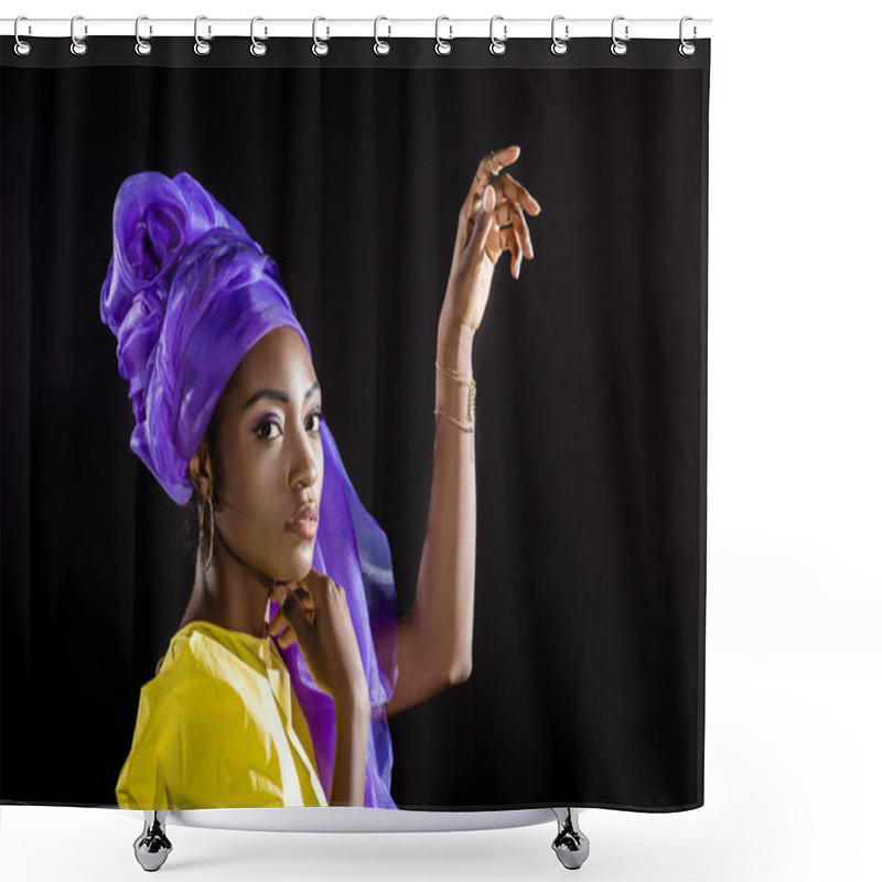 Personality  side view of young african american woman in stylish vintage clothing isolated on black shower curtains