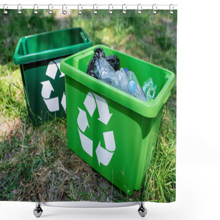 Personality  Green Recycling Boxes With Plastic Trash Standing On Lawn Shower Curtains