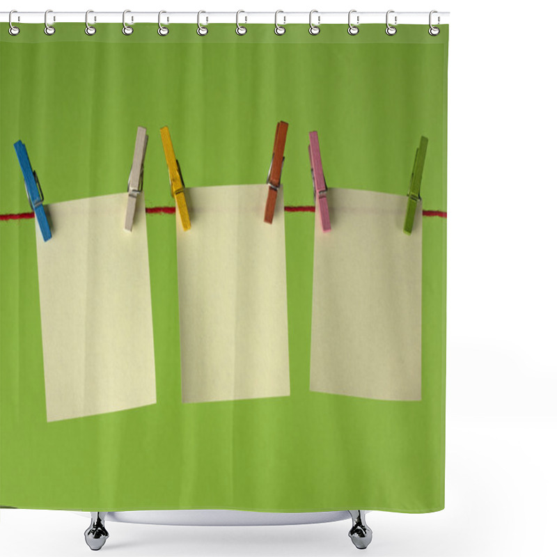 Personality  Sticky Yellow Papers Notes Hanging On Clothes Peg, On A Green Background. Shower Curtains