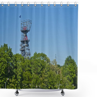 Personality  Coal Mine Shaft Tower, Nature And Industry With Trees And Blue Sky Shower Curtains
