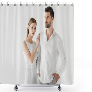 Personality  Attractive Woman In Linen White Dress Embracing Boyfriend With Hands In Pockets Isolated On Grey Background Shower Curtains