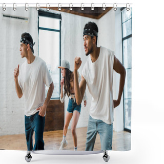 Personality  Multicultural Men In Headbands And Attractive Woman In Cap Dancing Hip-hop  Shower Curtains