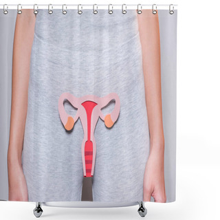 Personality  Partial View Of Woman With Paper Made Female Reproductive System On Grey Background Shower Curtains