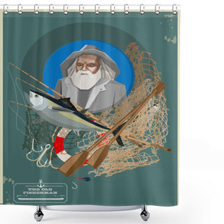 Personality  Old Fisherman With Fishing Equipment Isolated On Blue. Vector Illustration Shower Curtains