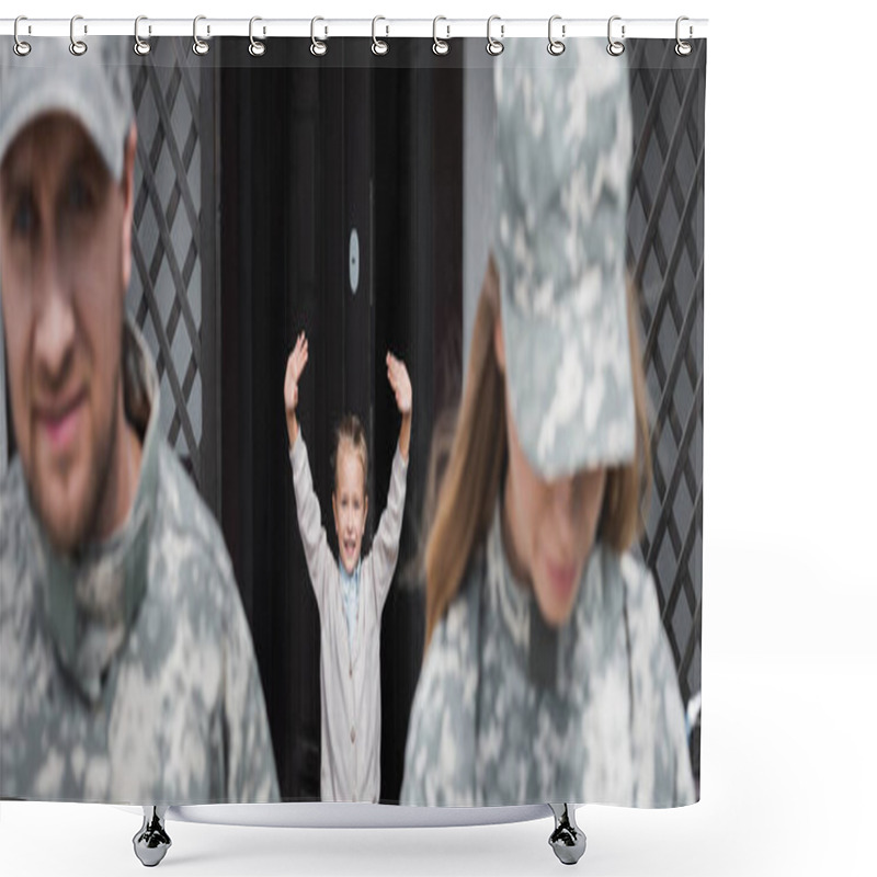 Personality  Happy Girl With Waving Hands Standing Near House Door With Blurred Man And Woman In Military Uniforms On Foreground, Banner Shower Curtains