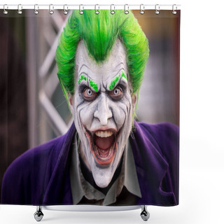 Personality  Close-up Portrait Of Young Man With Painted Joker Mask Shower Curtains