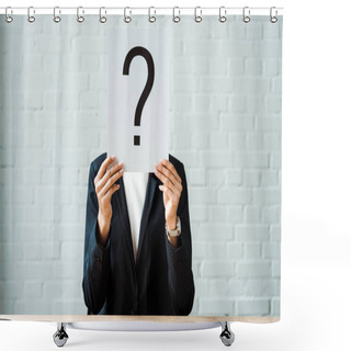 Personality  Cropped View Of Woman Covering Face While Holding Placard With Question Mark Near Brick Wall  Shower Curtains