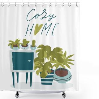 Personality  Hand Drawn Simple Vector Illustration With Green Home Plant Collection. House Gardening Poster Or Print Concept. Urban Jungle Theme Card Design. Stylish Cozy Journal Graphic Design With Lettering  Shower Curtains