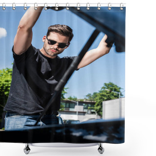 Personality  Low Angle View Of Young Man In Sunglasses Opening Bonnet At Street Shower Curtains