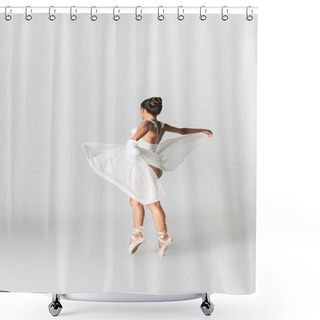 Personality  Graceful African American Ballerina In Dress Dancing On White Background Shower Curtains