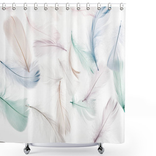 Personality  Seamless Background With Fluffy Light Beige, Green And Blue Feathers Isolated On White Shower Curtains