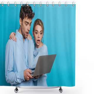 Personality  Shocked Girl Hugging Surprised Boyfriend While Looking At Laptop Together On Blue Background Shower Curtains