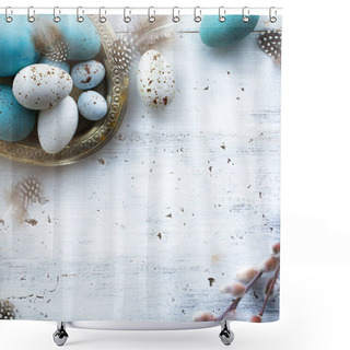 Personality  Sunny Easter Background With Easter Eggs On White Tabl Shower Curtains