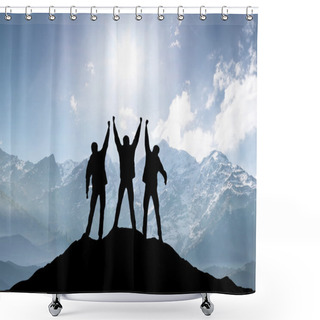 Personality  Silhouettes Of Team On Mountain Peak Shower Curtains