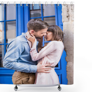 Personality  Young Couple Kissing On Street While Standing Near Blue Door Shower Curtains