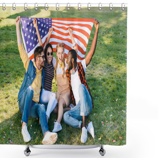 Personality  Multiracial Cheerful Friends With American Flag Sitting On Green Grass In Park Shower Curtains