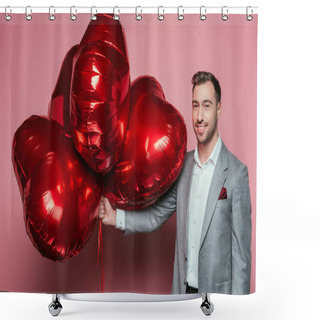 Personality  Happy Man Holding Red Heart Balloons For Valentines Day On Pink Shower Curtains