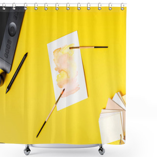 Personality  Top View Of Drawing Tablet, Painting And Paintbrushes Near Stylus And Color Palette On Yellow Shower Curtains