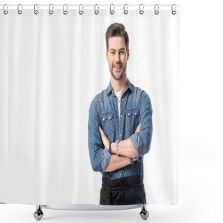 Personality  Portrait Of Smiling Waiter In Apron With Arms Crossed Isolated On White Shower Curtains