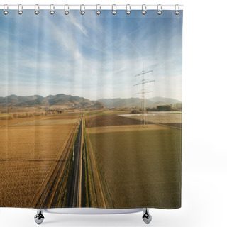 Personality  Aerial View Of Electricity Tower In Agricultural Fields On Sunset, Europe Shower Curtains