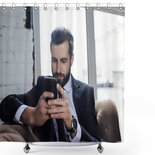 Personality  Handsome Bearded Businessman Using Smartphone  Shower Curtains