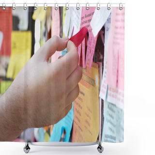 Personality  Man Hand Tearing Off Advertising On Bulletin Board Shower Curtains