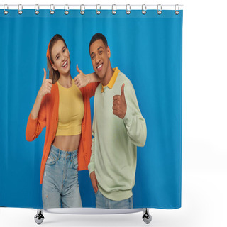 Personality  Happy Multicultural Couple Looking At Camera And Showing Thumbs Up On Blue Backdrop, Like Gesture Shower Curtains