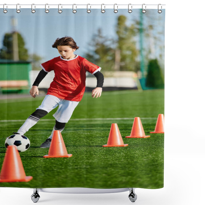 Personality  A Young Boy Energetically Kicks A Soccer Ball Around Orange Cones, Showcasing His Agility And Skill On The Field. Shower Curtains