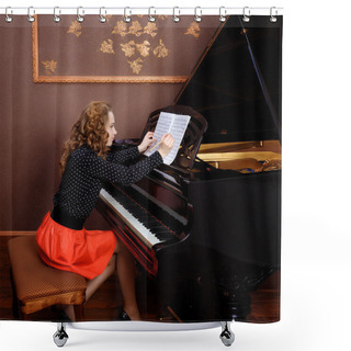 Personality  Young Woman Musician Writes In Music Book Pencil. Shower Curtains