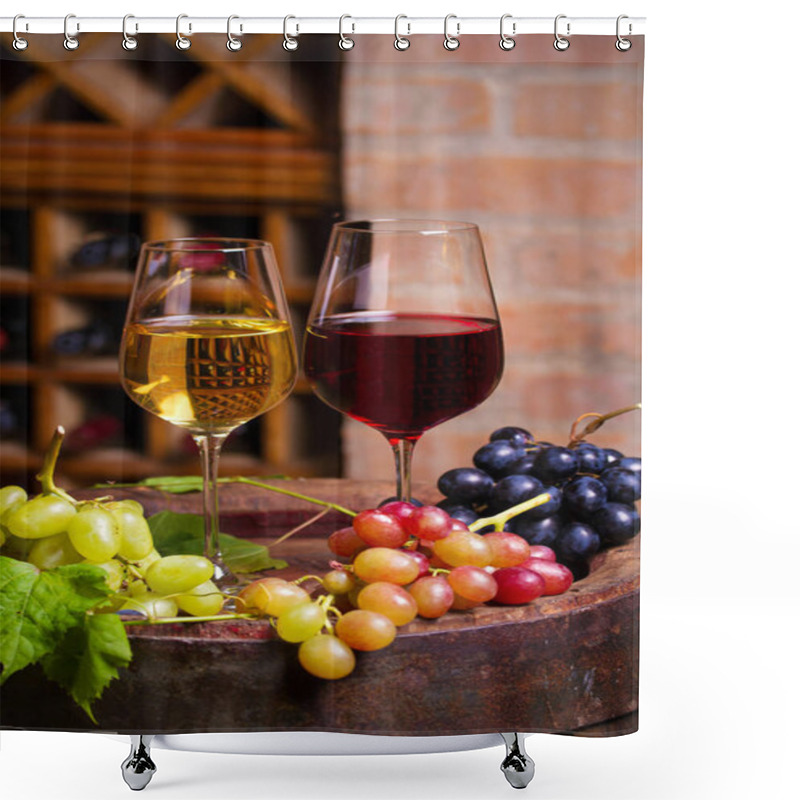 Personality  Red and white wine with  grapes on old cask in wine cellar. vertical shower curtains