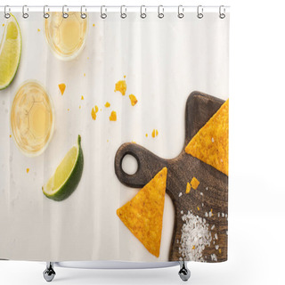 Personality  Top View Of Golden Tequila In Shot Glasses With Lime, Salt And Nachos On Wooden Cutting Board On White Marble Surface Shower Curtains