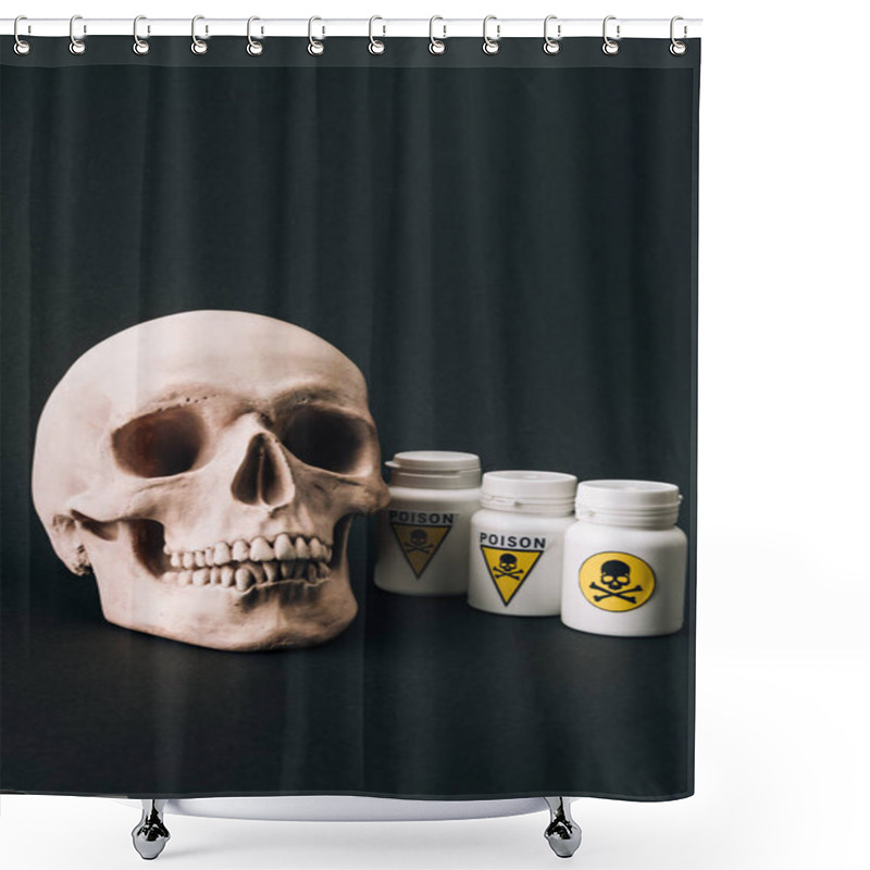 Personality  Scull And Jars With Poison Sign Isolated On Black Shower Curtains