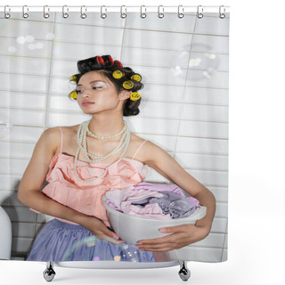 Personality  Asian Young Woman With Hair Curlers Standing In Pink Ruffled Top, Pearl Necklace, Tulle Skirt And Holding Washing Bowl With Dirty Clothes In Laundry Room, Soap Bubbles, Looking Away  Shower Curtains