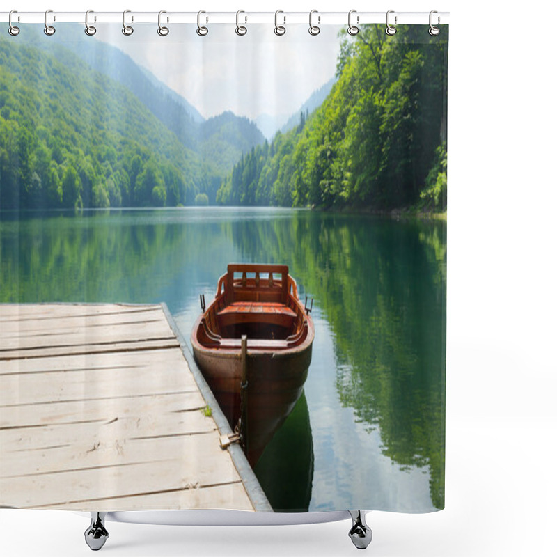 Personality  Wooden Boat On Lake Shower Curtains