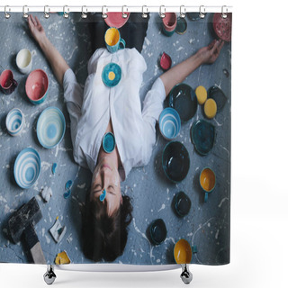 Personality  Portrait Of Young Woman Potter Wearing White Shirt, Business Suit Working With Clay Crockery In Workshop. Cups Like Chakras On The Body Shower Curtains