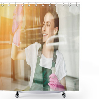 Personality  Beautiful Smiling Young Woman Cleaning And Wiping Window With Spray Bottle And Rag Shower Curtains