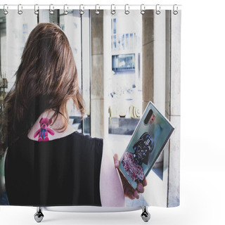 Personality  Moscow, Russia, July 2020: A View From The Back Of A Girl With Wind In Her Hair And A Pink Teddy Bear Tattoo On Her Neck. She Is Holding A Smartphone With A Picture Of Darth Vader In Tattoos Shower Curtains