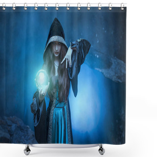 Personality  The Witch With Magic Ball In Her Hands Causes A Spirits Shower Curtains