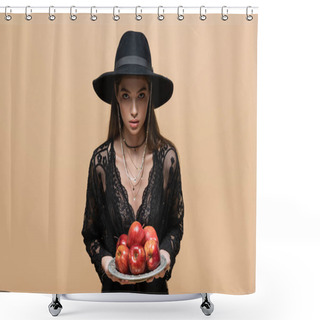 Personality  Stylish Woman In Fedora Hat Holding Organic Apples And Looking At Camera Isolated On Beige  Shower Curtains