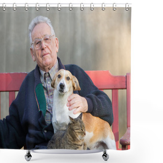 Personality  Old Man With Dog And Cat Shower Curtains