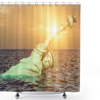 Personality  Destroyed Statue Of Liberty In The Sunset Half Covered By Rising Ocean Level.  Apocalypse Of USA, America And The End Of Civilization Concept. 3d Illustration Shower Curtains