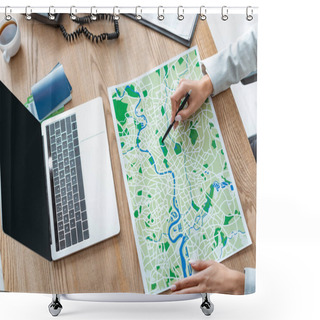 Personality  Cropped View Of Travel Agent Pointing With Pen At Map On Wooden Desk Shower Curtains