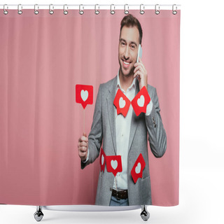 Personality  Cheerful Man Talking On Smartphone And Holding Cards With Hearts For Valentines Day, Isolated On Pink  Shower Curtains
